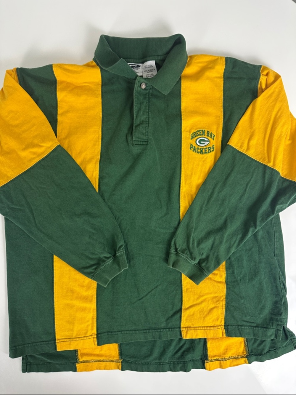 Green Bay Packers 2000s Y2K Green & Gold Striped Rugby Polo - Size XL